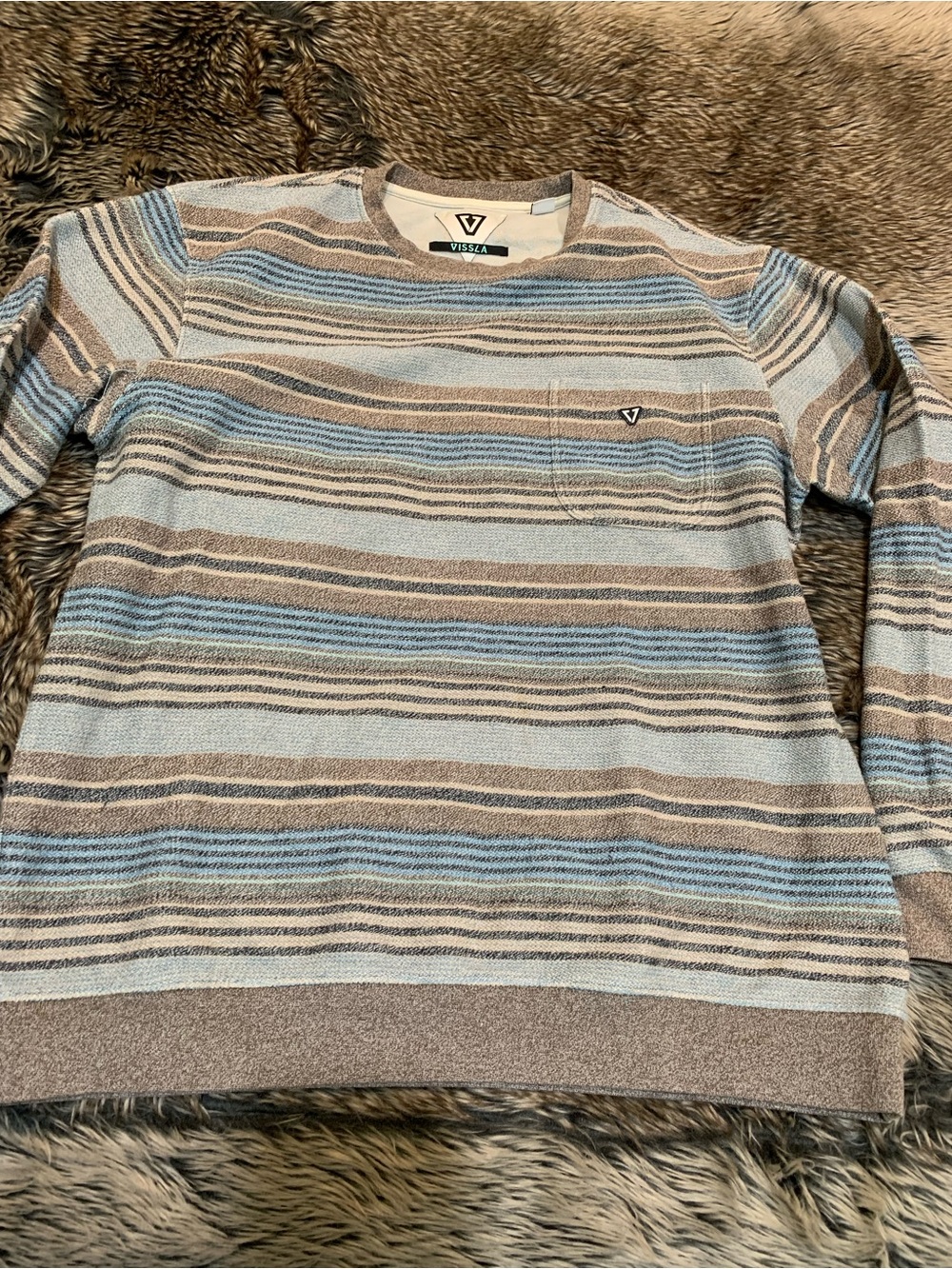 Vissla Beacons Crew crewneck Baja-striped surf design grey, brown, and blue XL